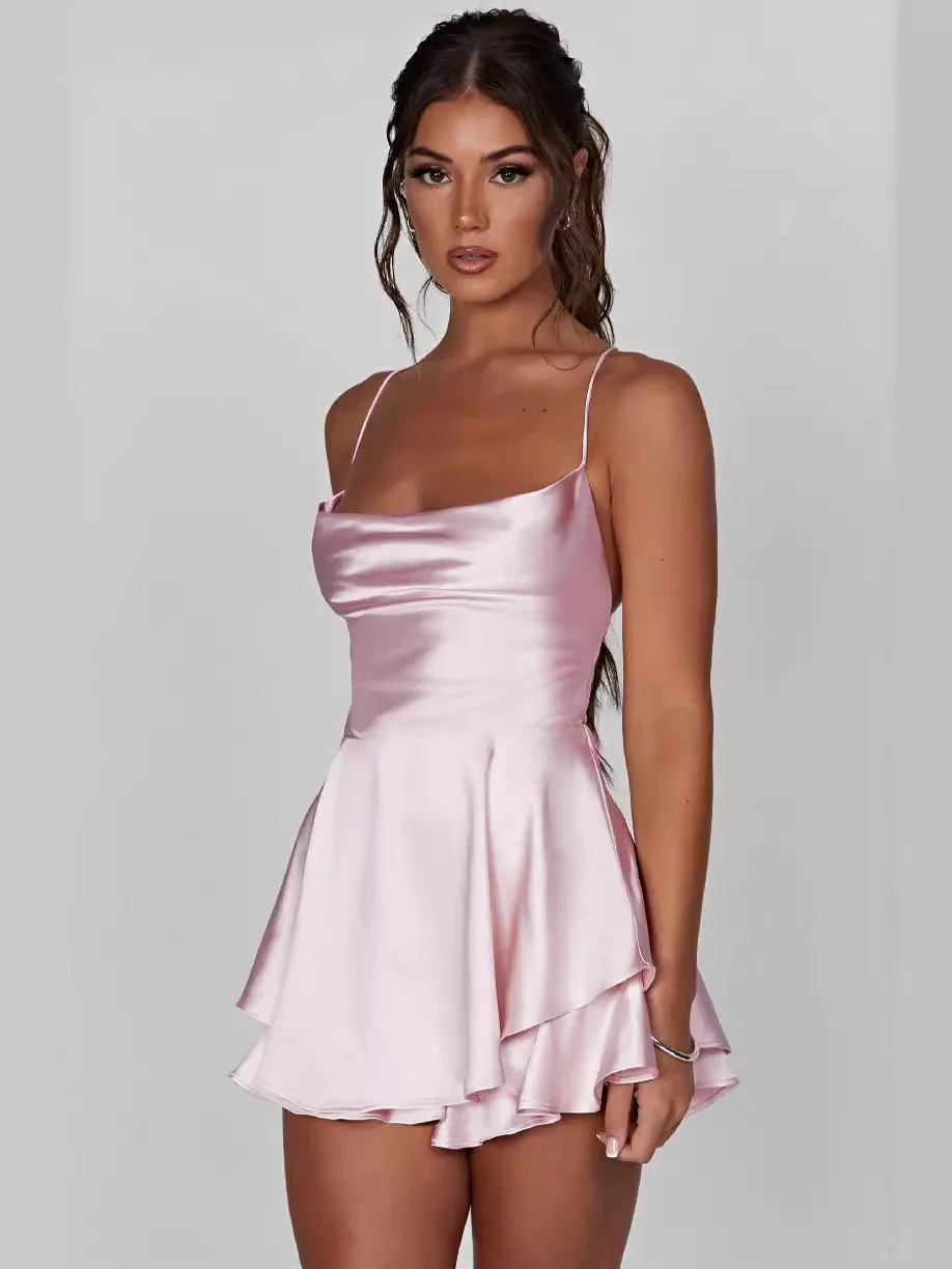 2024 summer new European and American sexy slimming backless solid color halter dress culottes