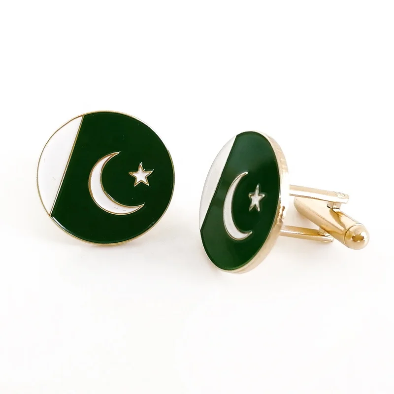Gold plated round shape Pakistan flag enamel metal cufflinks wholesale