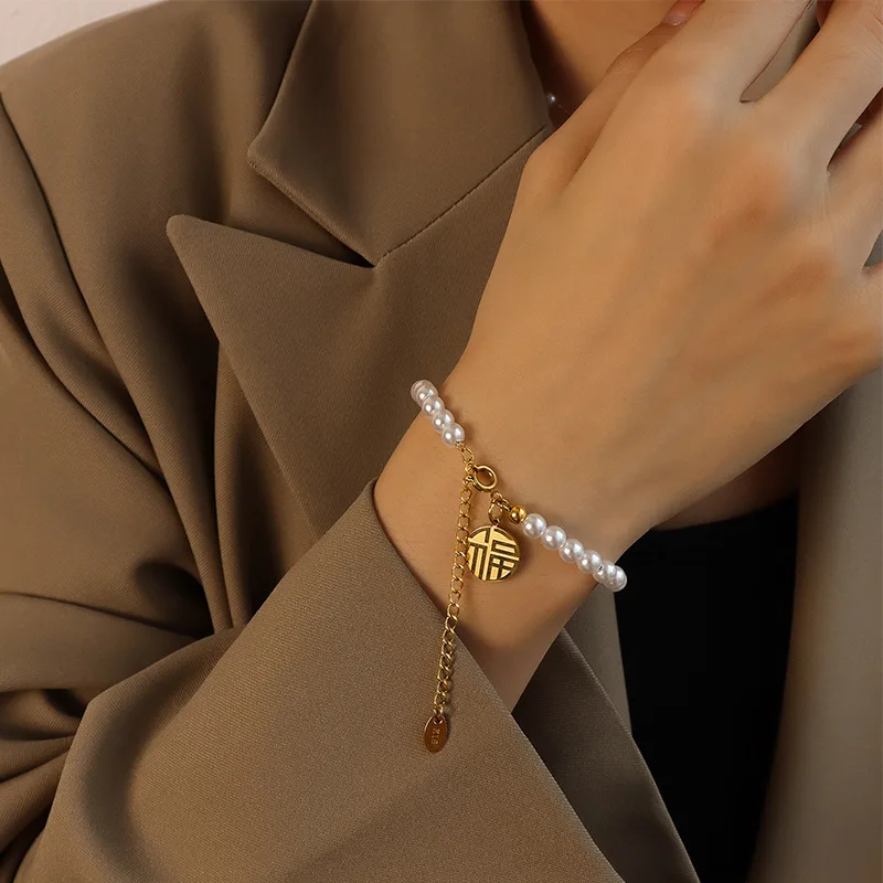 AZL Chinese style pearl bracelet boudoir bracelet titanium steel 18K gold bracelet