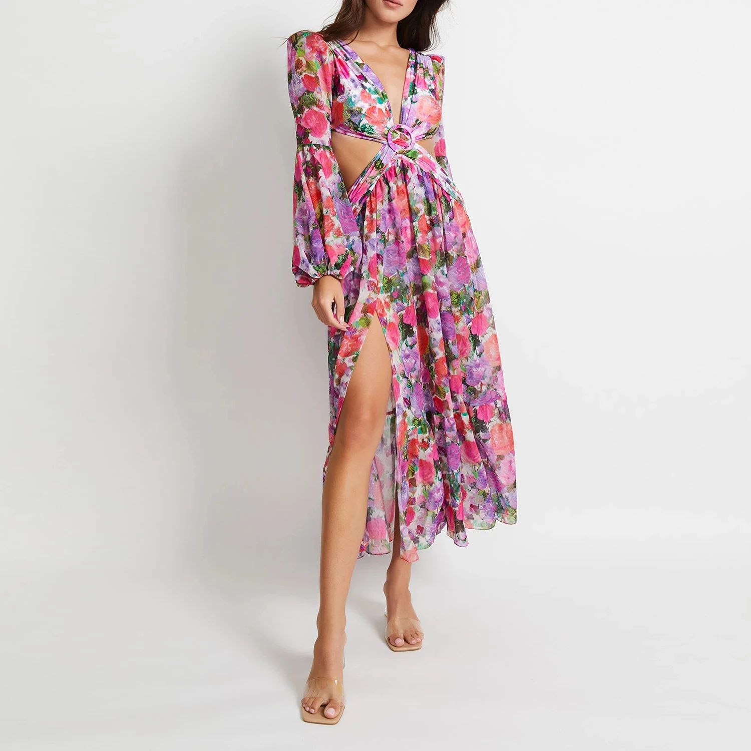 summer fashion puff long sleeves v-neck high slit floral dress summer dresses women casual