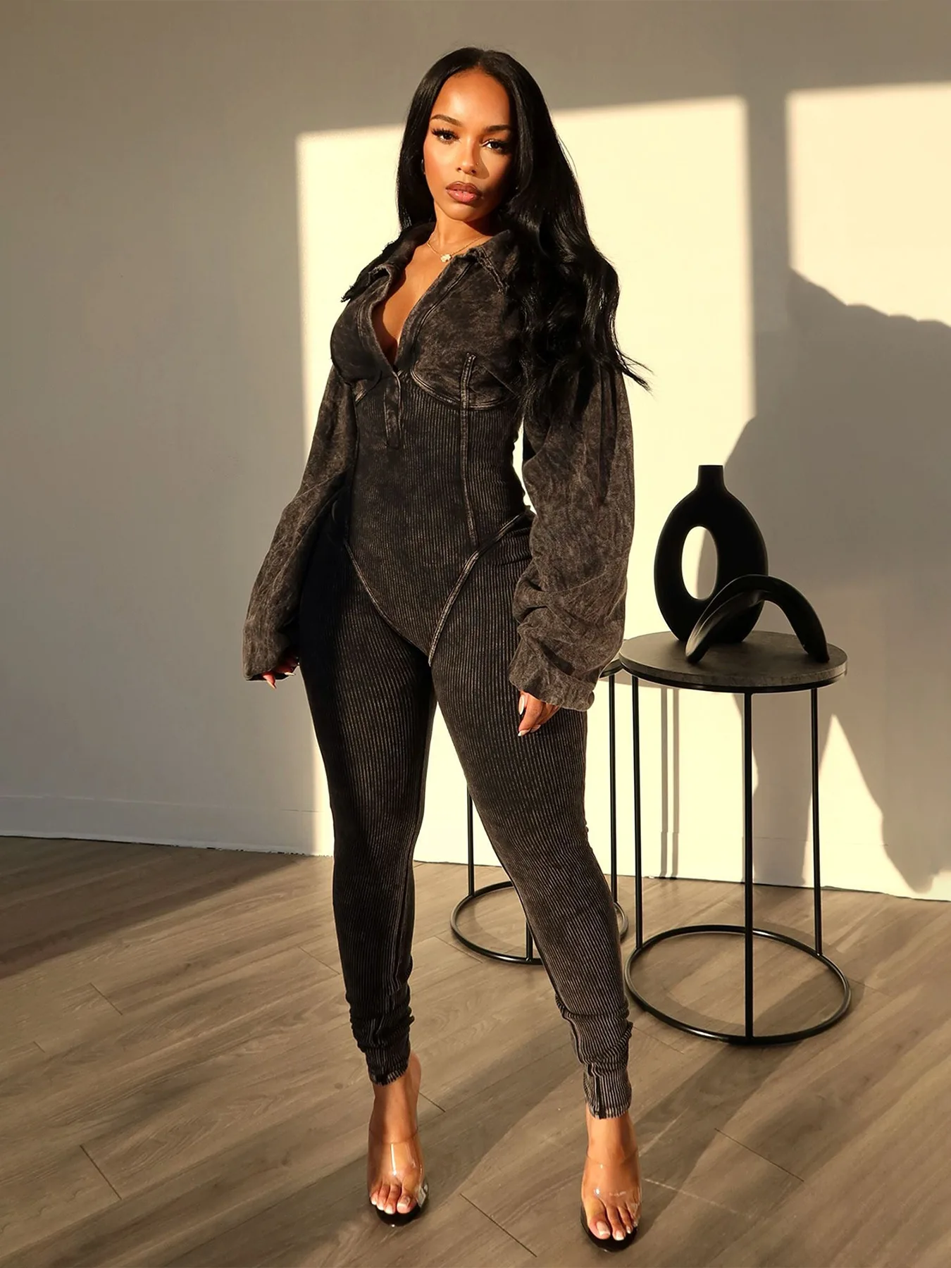 BH1315  High Quality  Washed sexy deep V tight long sleeve fall winter thick jumpsuit