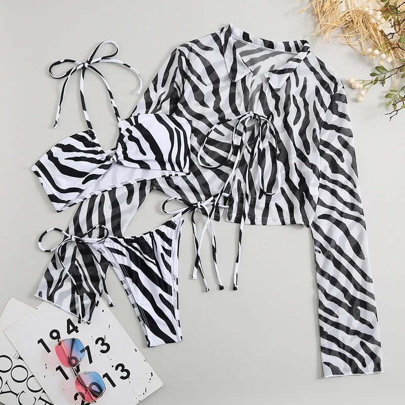 Summer Long Sleeve Mesh Transparent Bikini Micro Mini Lace up Printed Bikini Women 2023 Bikinis Set Woman Swimwear Beachwear