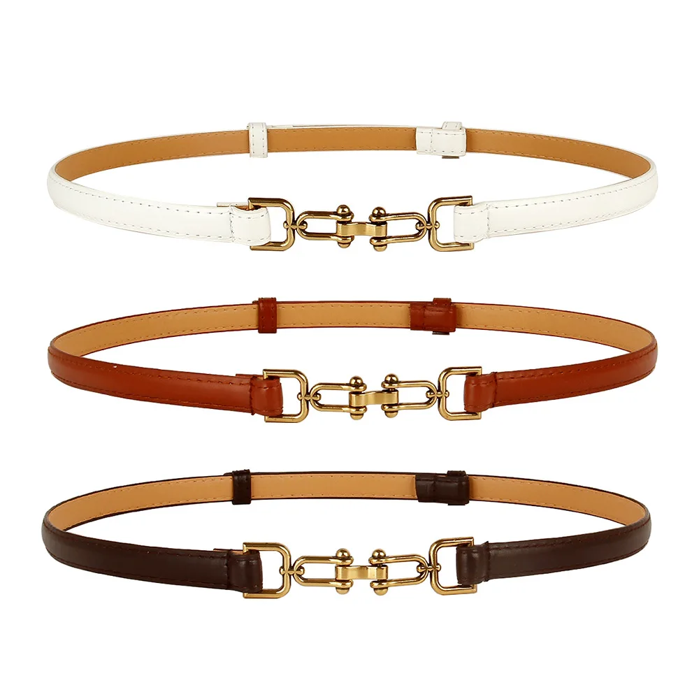 Vintage Adjustable PU Leather Thin Belt with Antique Horse Buckle For Shirt Dress Women