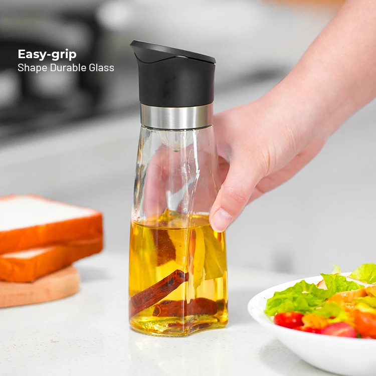 wholesale 500ml clear glass automatic flip auto open olive oil and vinegar dispenser bottle no drip pourer spout with filter