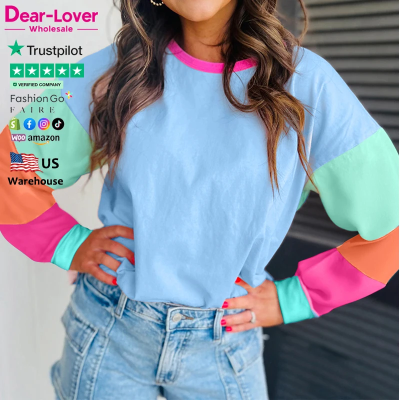 Dear-Lover Wholesale Cute Fashion Tops Mujers Colorblock Patchwork Round Neck Oversized Knitted Long Sleeve Women Tops