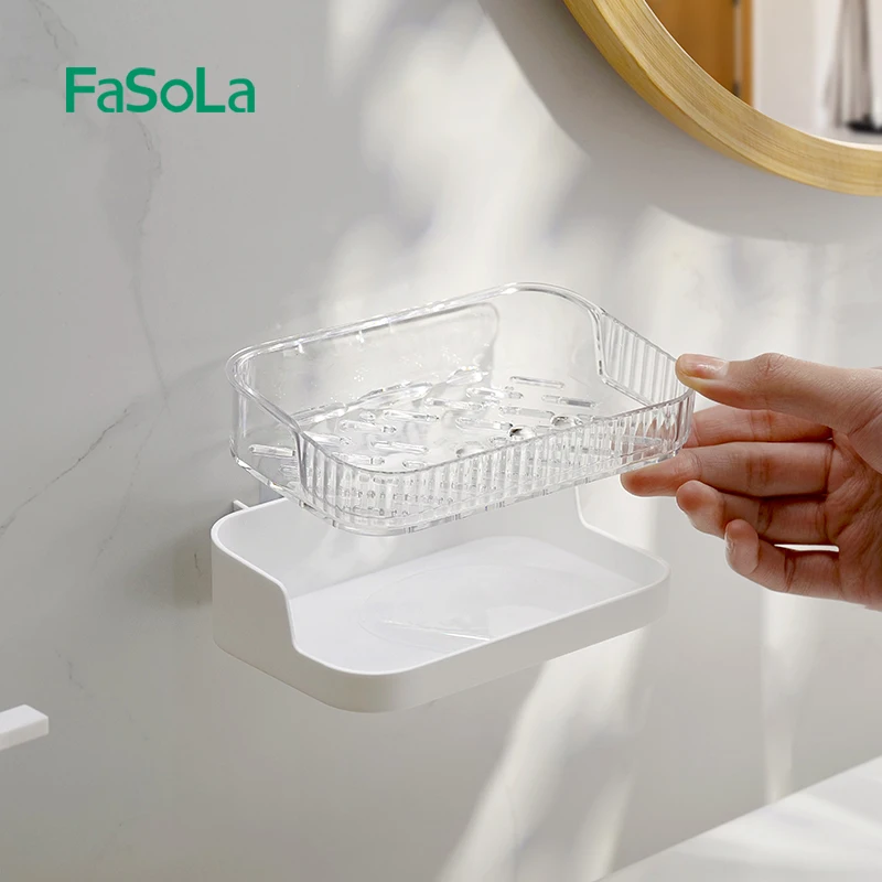 FaSoLa Plastic Wall Mounted Soap Dish Holder Soap Saver Dish Soap Tray Dispenser Bathroom Kitchen Sink Organizer