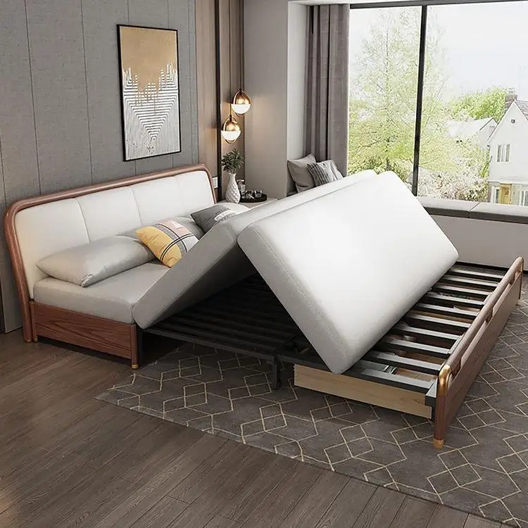 MORE DESIGN Comfortable Home Furniture Hotel 3 seat Wood Frames Fabric Leather Living Room Folding Sofa Bed with Storage