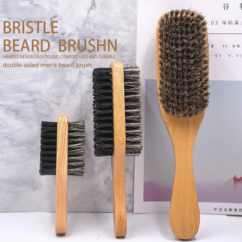  Private Label Wooden Long Handle Nylon Boar Bristle Double Side Mens Beard Brush Comb Anti Static Square