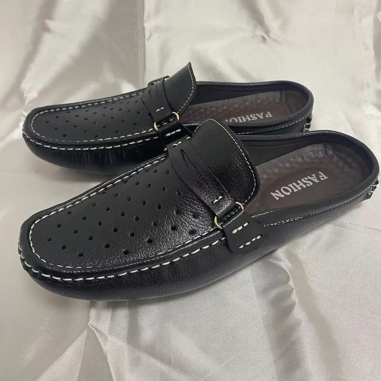 Plus size genuine Leather Mens Slipper Outdoor Moccasins Empty Back Loafer Man Slides walking Shoes customize logo 38-46