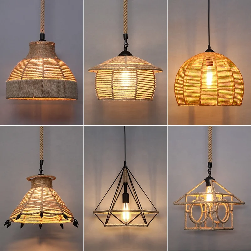 Vintage Industrial Hemp Rope Pendant Light American Country Style Iron Rope Chandelier For Bar Coffee Shop