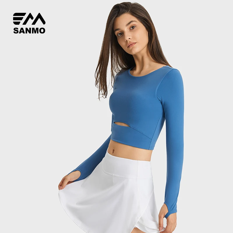 2024 In Stock Padded Gym Sport Long Sleeved Shirts Women Slim Fit Front Hollow Out Padded Sports T-shirt with Thumb Hole