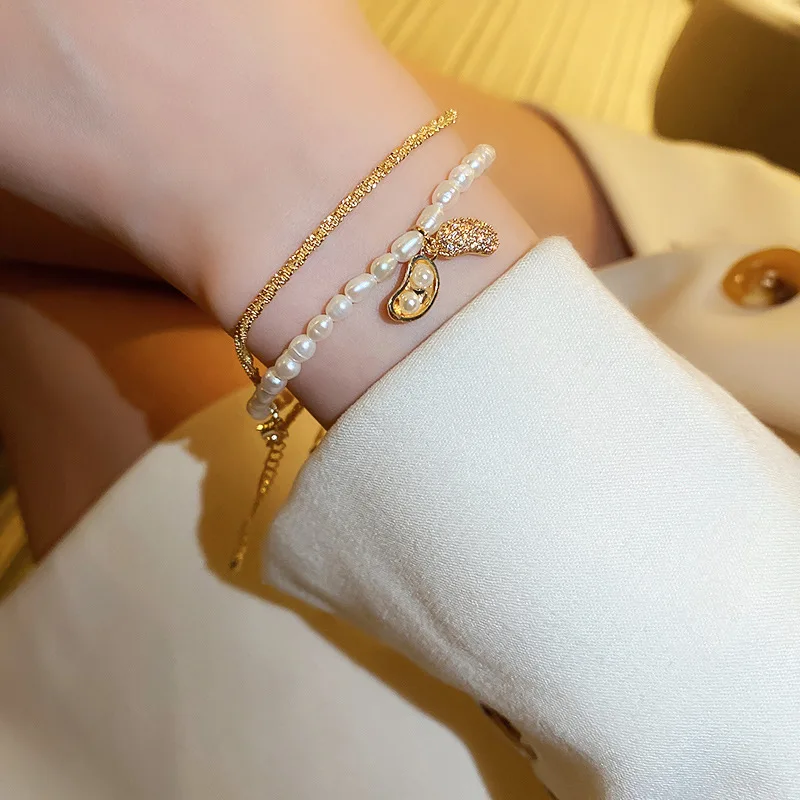 Yiwu Meise YY602 18k Gold Plated Chain Zircon Natural Freshwater Pearl Beaded Bracelet Heart Peanut Charm Bracelet