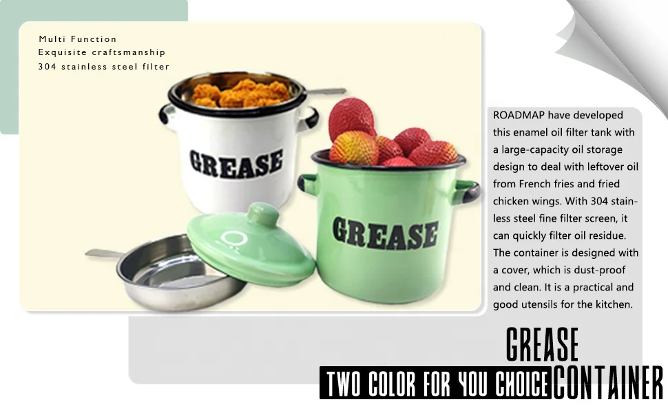 Amazon Hot selling Grease Container Enamel Grease Catcher Enamel Metal food Containers For Grease storage with filter and Lid