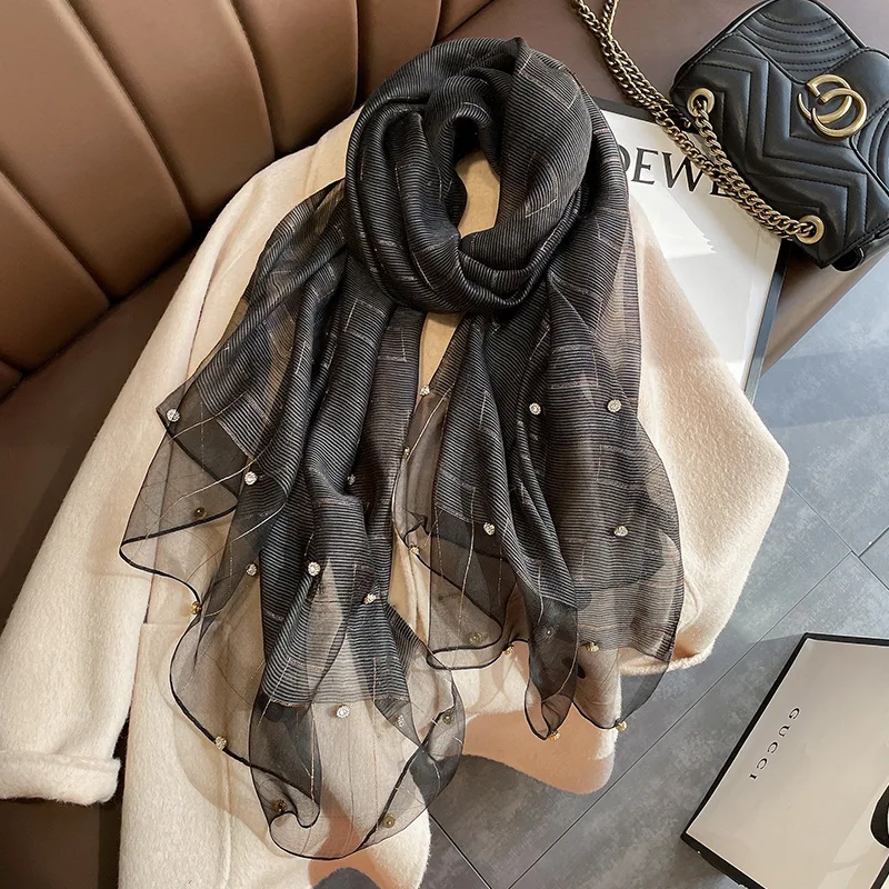 Solid Color Acrylic Long Gold Silk Sequin Scarf Summer Shawl White Pure Silk Scarf For Women Stylish