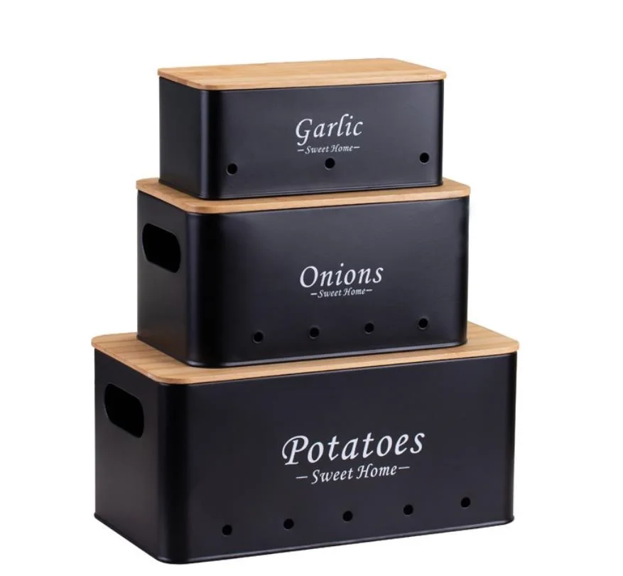 Vegetable Storage Tins,Potato Onion Garlic Storage Box Set with Wooden Lid