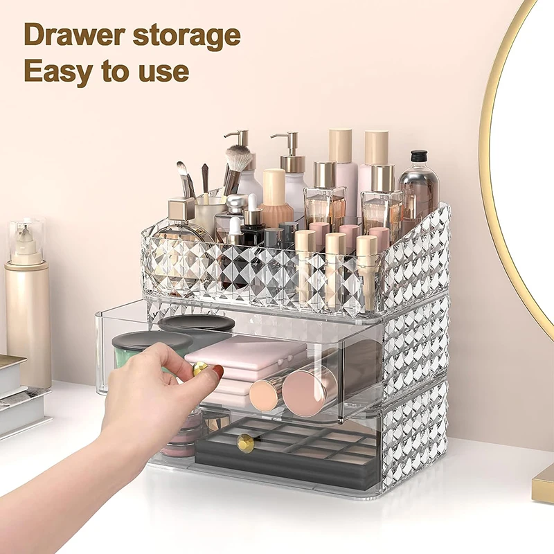 Stackable Clear Acrylic Cosmetic Storage Box Vanity Makeup Organizer w/ Drawer Tray for Lipstick Eyeshadow Skincare Display Case