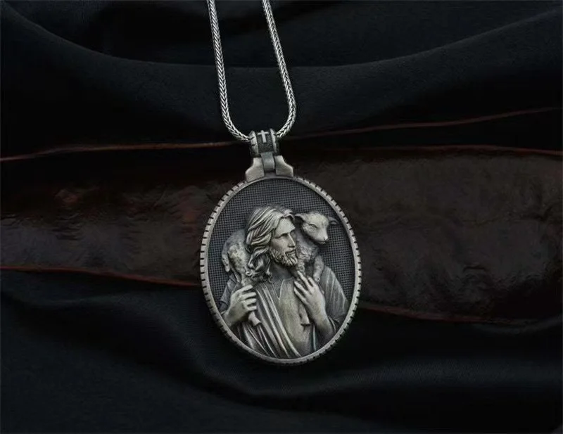 Popular 2023 Punk Jesus Shepherd Lamb Goat Pendant Catholic Christianity Religious Unisex Vintage necklace Jewelry Sweater chain