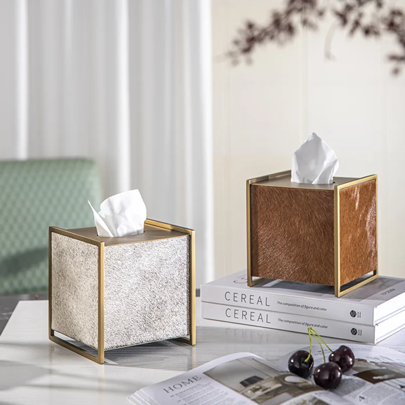 luxury red horsehair tissue box leather high-grade metal paper box coffee table napkin box hotel decoration leather tissue b0x