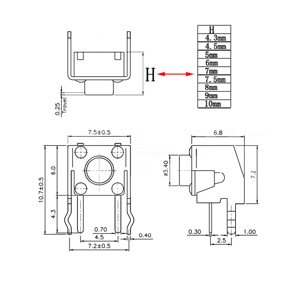 6x6 PCB Momentary Tactile Tact Push Button 4-Pin Self-reset Switch Right Angle With stent 6*6*4.3/4.5/5/6/7/7.5/8/9/10mm