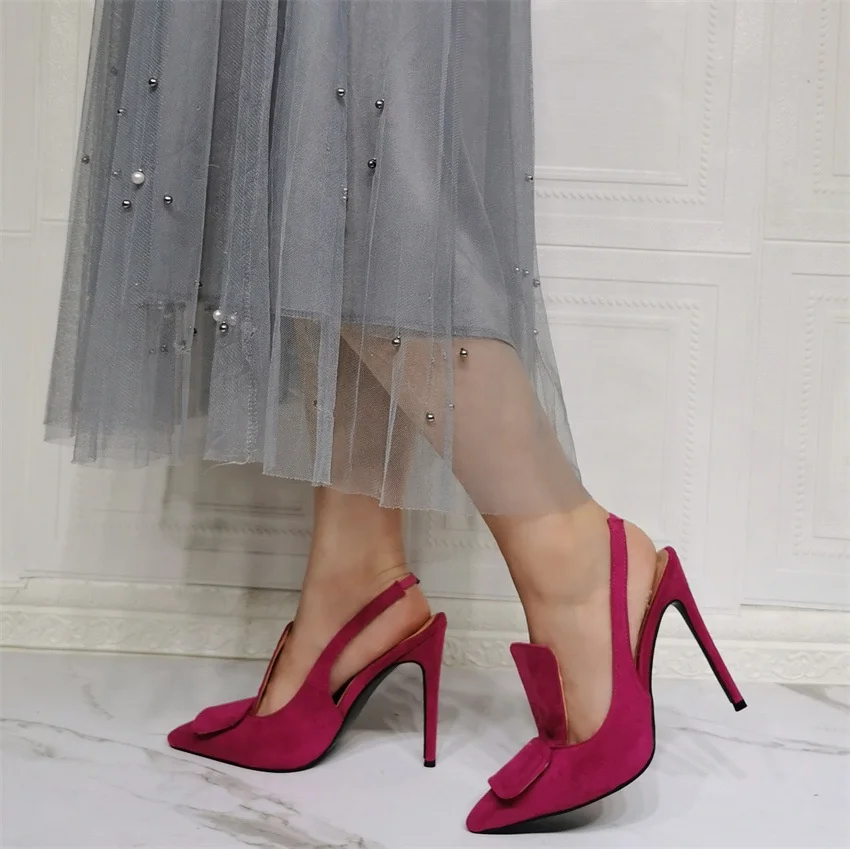 Suede Upper Close Toe Slingback Heels for Ladies Elegant Garnet Red Stiletto Heel Office Lady Shoes Comfortable Plus Size 47
