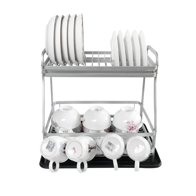 2-Tier Large Metal Kitchen Countertop Standing Dish Drying Rack Set with Removable Drainboard Cup Holder