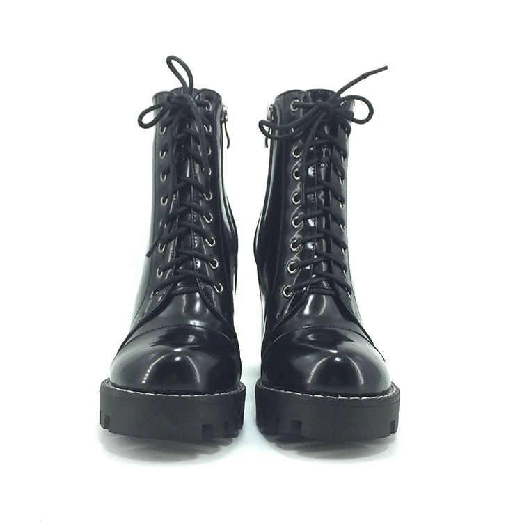 Block Heels Custom Dress Shoes Lace Up Shiny Black Patent Pu Leather Sexy Chunky Heel Platform Clear High Heel Boots