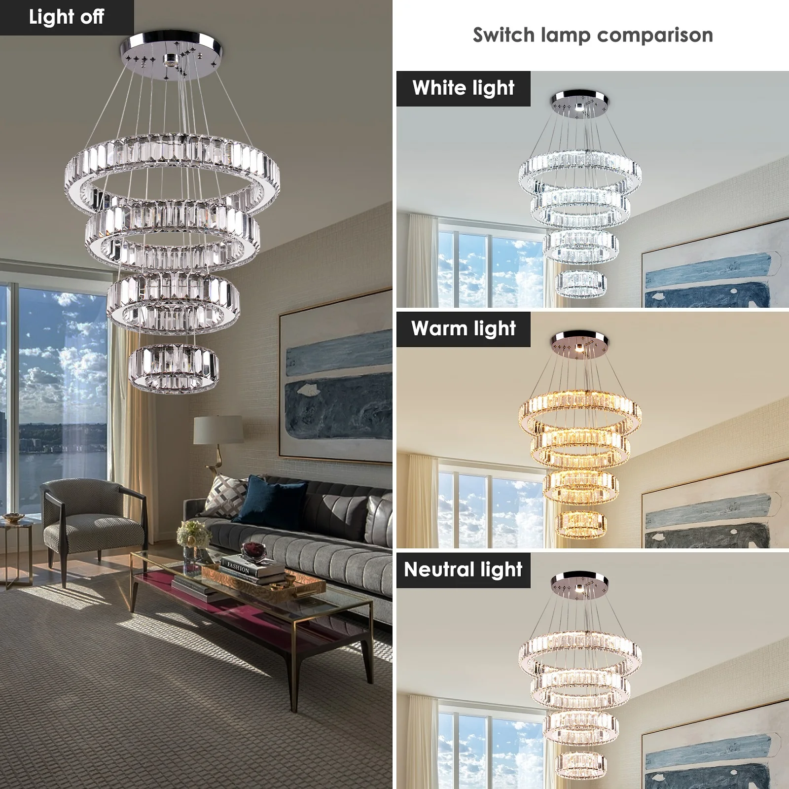 OEM for Dining Room Bedroom Living Room Dimmable Modern LED Chandelier with Remote 4 Ring Pendant Light Crystal Chandeliers