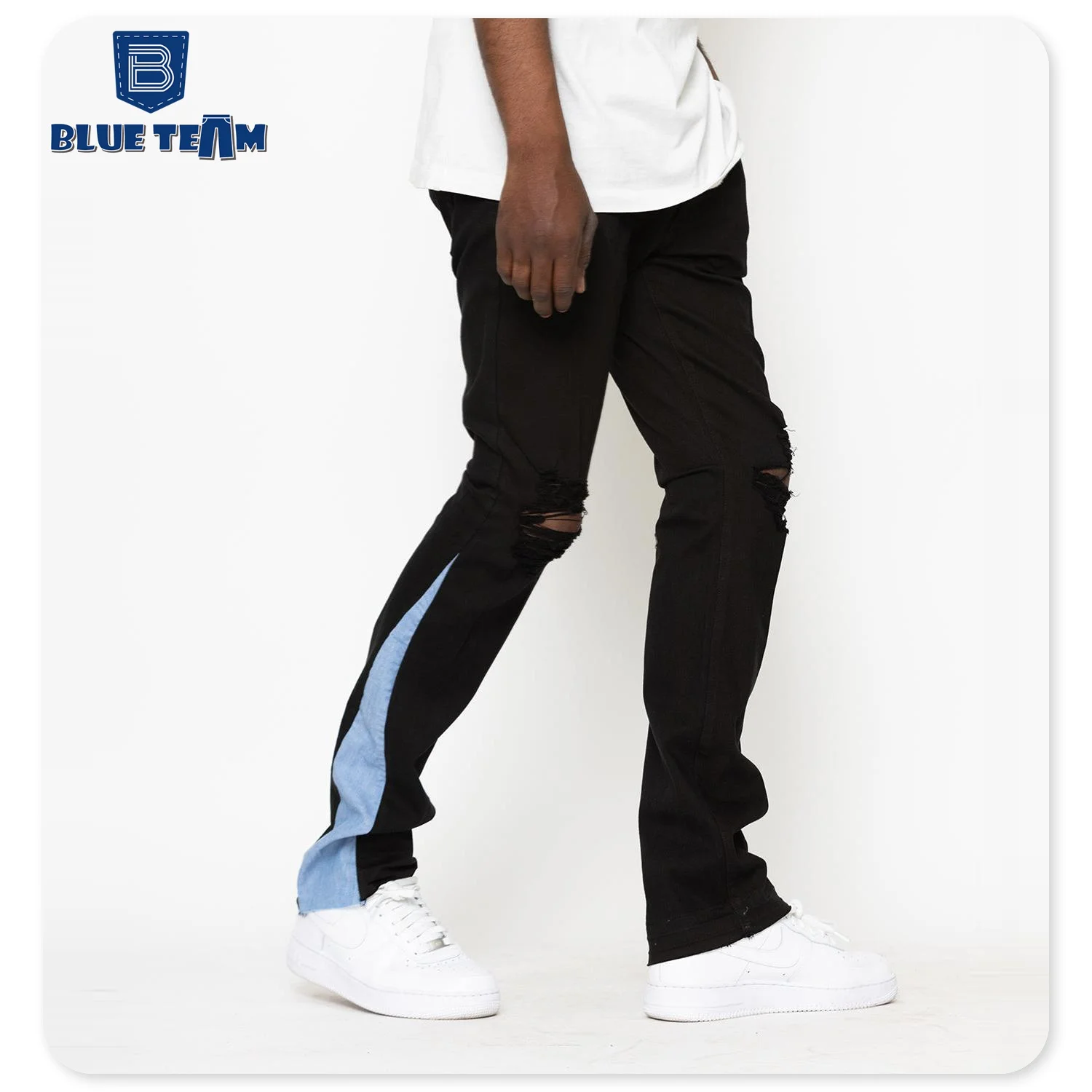 Blue Team | Custom denim jeans manufacture patchwork slim flare stacked denim pants raw hem ripped flare jeans for men