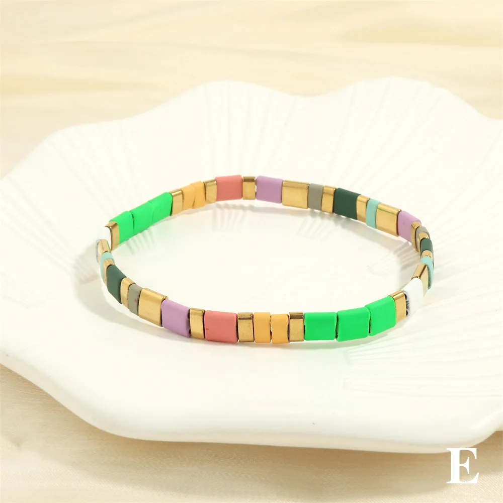 High quality handmade Bohemian Multi Color Flat Adjustable Paint Beads Elastic Bracelet Women Jewelry