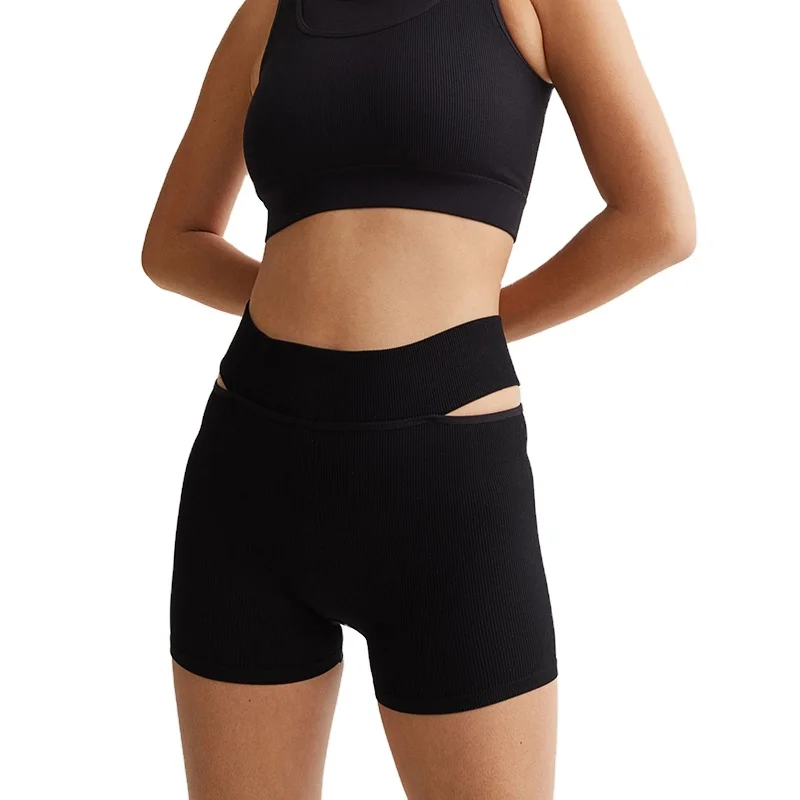 Custom Soft Seamless Solid Color Side Cut-Out Section Wide Elasticized Waistband Ribbed Hot Pants For Women