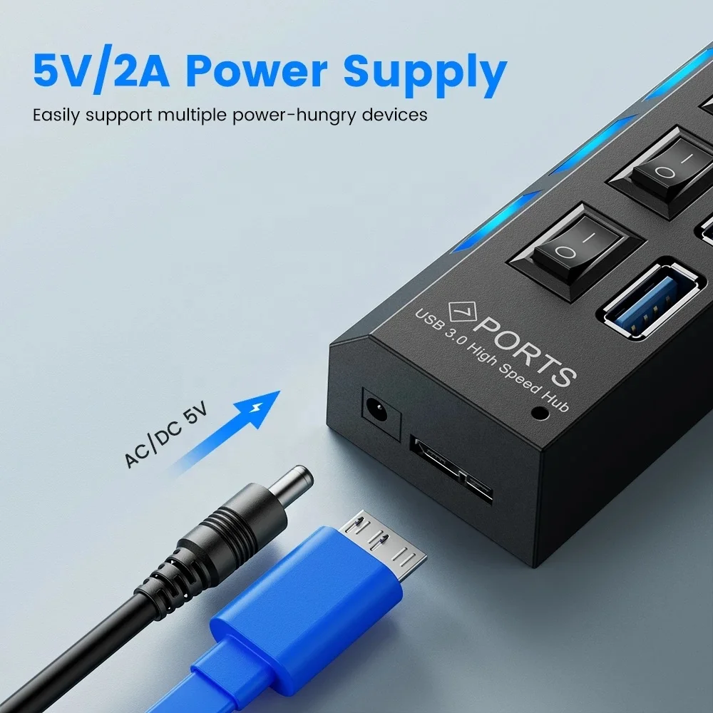 USB Hub 3.0 USB 2.0 Multi USB Splitter Power Adapter 7 Port Multiple Expander 2.0 with Switch for PC Accessories