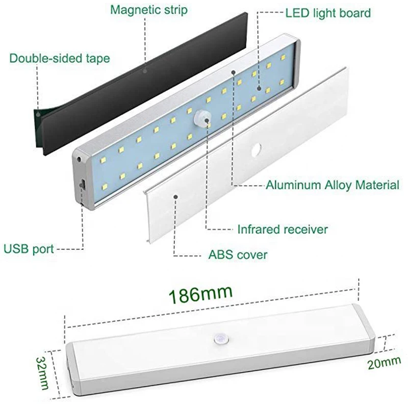 20 Led Super Bright Usb Rechargeable Wireless Pir Motion Sensor Touch Closet Light For Bedroom Stairs Cabinet Wardrobe Lighting