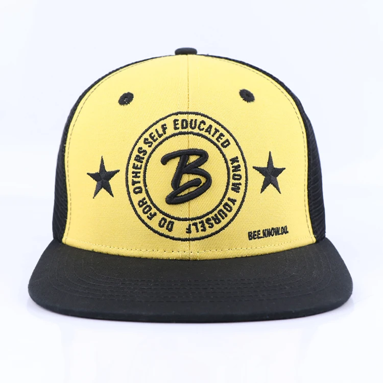 Qianzun Manufacturer yellow and black fitted mesh cap embroidery patch bee flex fit snapback trucker hat