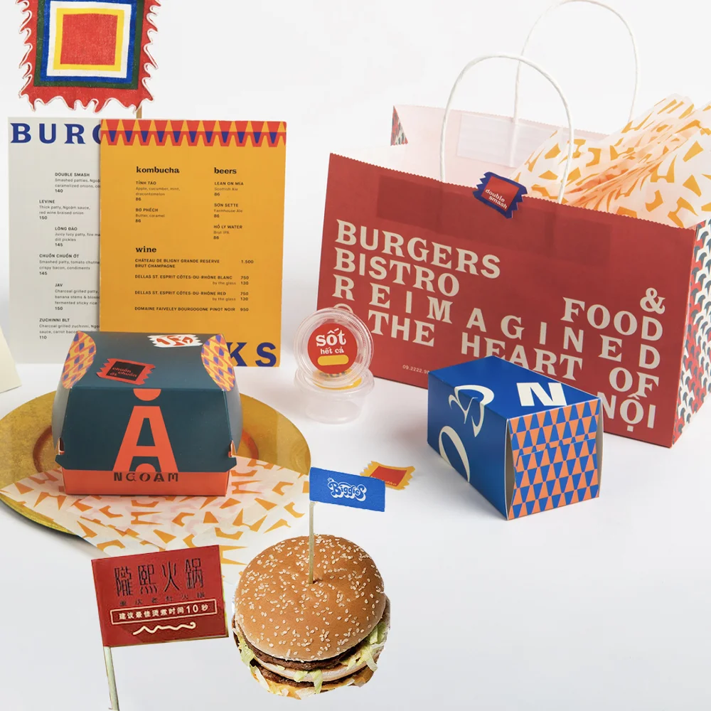 Disposable Fast Food Packaging Greaseproof Toothpick Flag Custom Print Fried Chicken Burger Paper Box