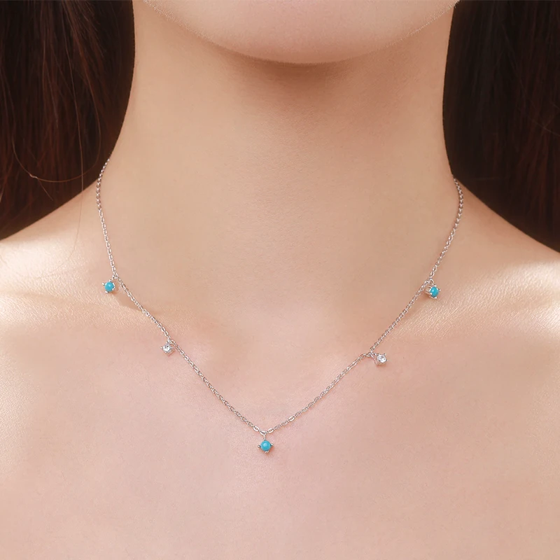 925 Sterling Silver Daily Fine Jewelry Fashion Stunning Turquoise Clear CZ Link Chain Charm Necklace For Women