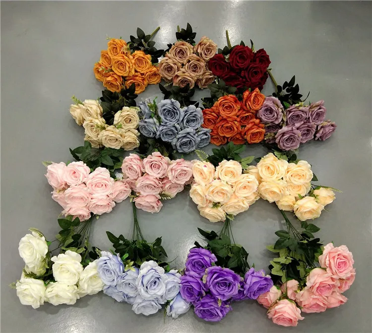 QSLH-C1251 Wholesale High Quality 9 Heads Silk Flower Bunch Artificial Flower Rose Bouquet