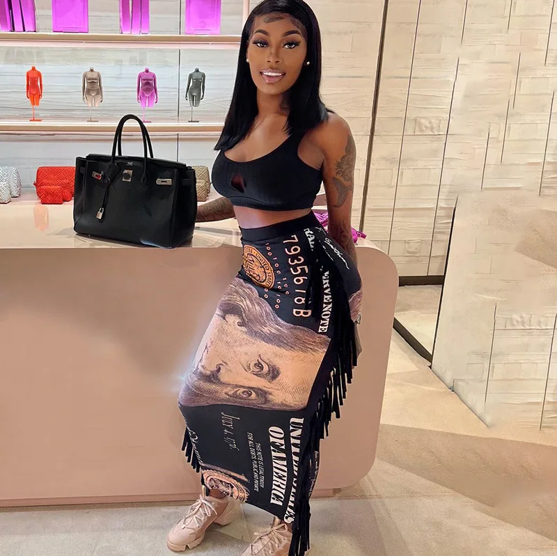 KBL7188 Summer Fashion Printing Sexy High Waist Tassel Skirt Elegant Maxi Skirts For Women