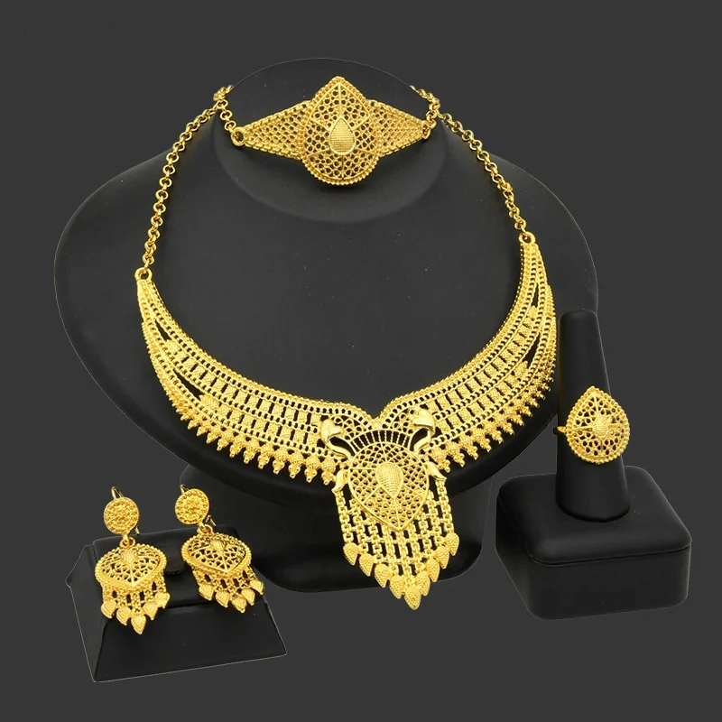 New Indian Luxury 24k Gold Plated Jewelry Sets For Women Arab Bridal Wedding Flower Necklace Set Dubai Jewellery Gifts Wholesale
