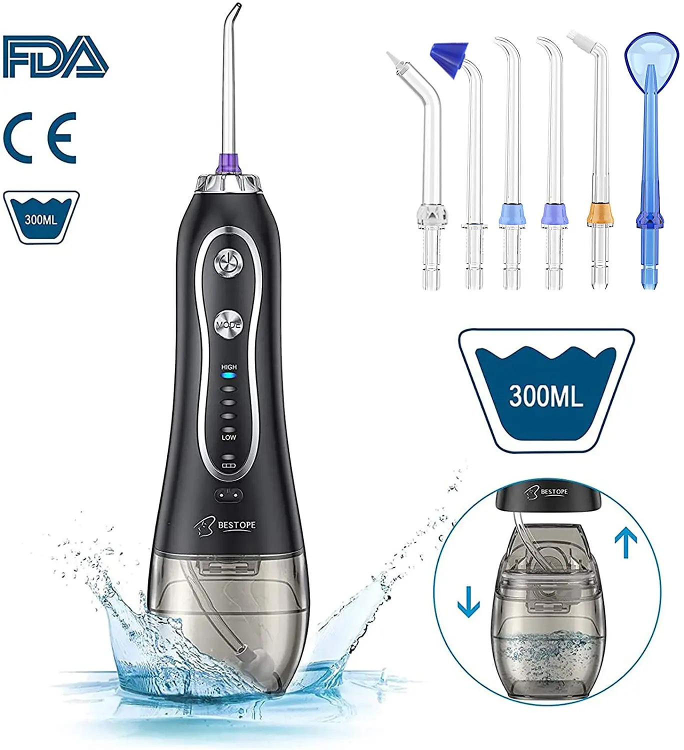 Bestope 300ML IPX7 Waterproof  Home and Travel Cordless Dental Oral Irrigator Portable Rechargeable Water Flosser