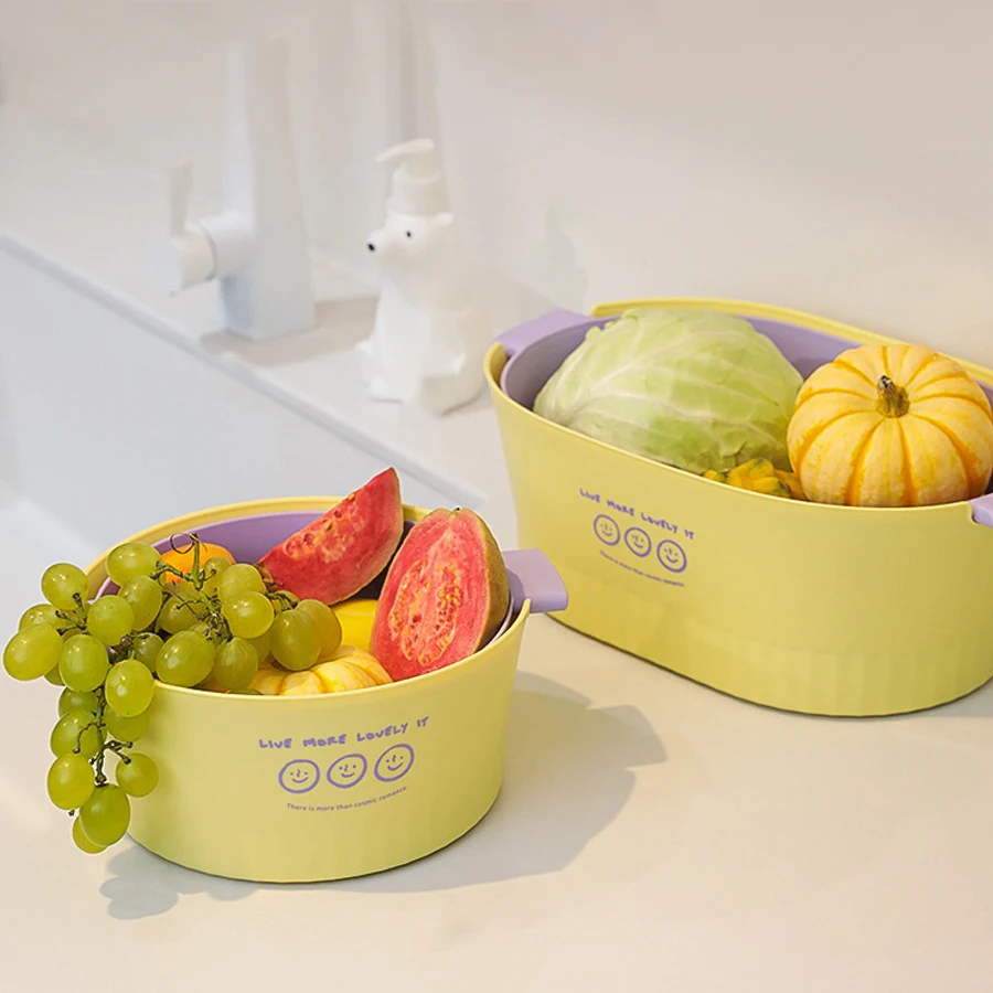 Fashion Large Size Double Layer Vegetable washing bowl Fruit Drainer Kitchen Storage Plastic Drain Basket