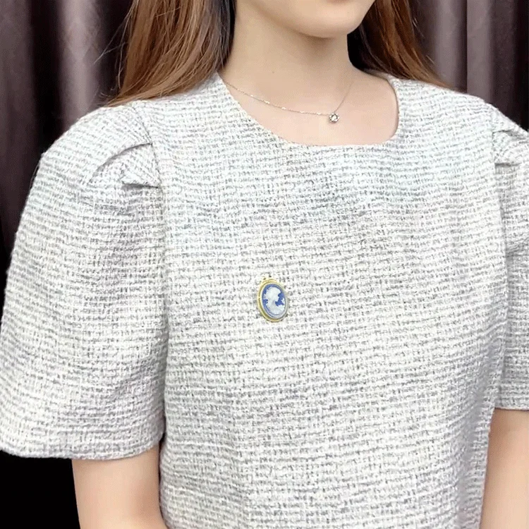 Customized S925 Silver Gold Plated Zircon Jewelry 3D Carved Black Agate Cameo Girl Portrait Brooch Pendant