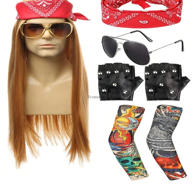 Hot 70s 80s Rocker Costume Heavy Metal Wig Men women Hippie Wig with Bandana Sunglasses Punk Gloves Tattoo Sleeves for 80s Pun