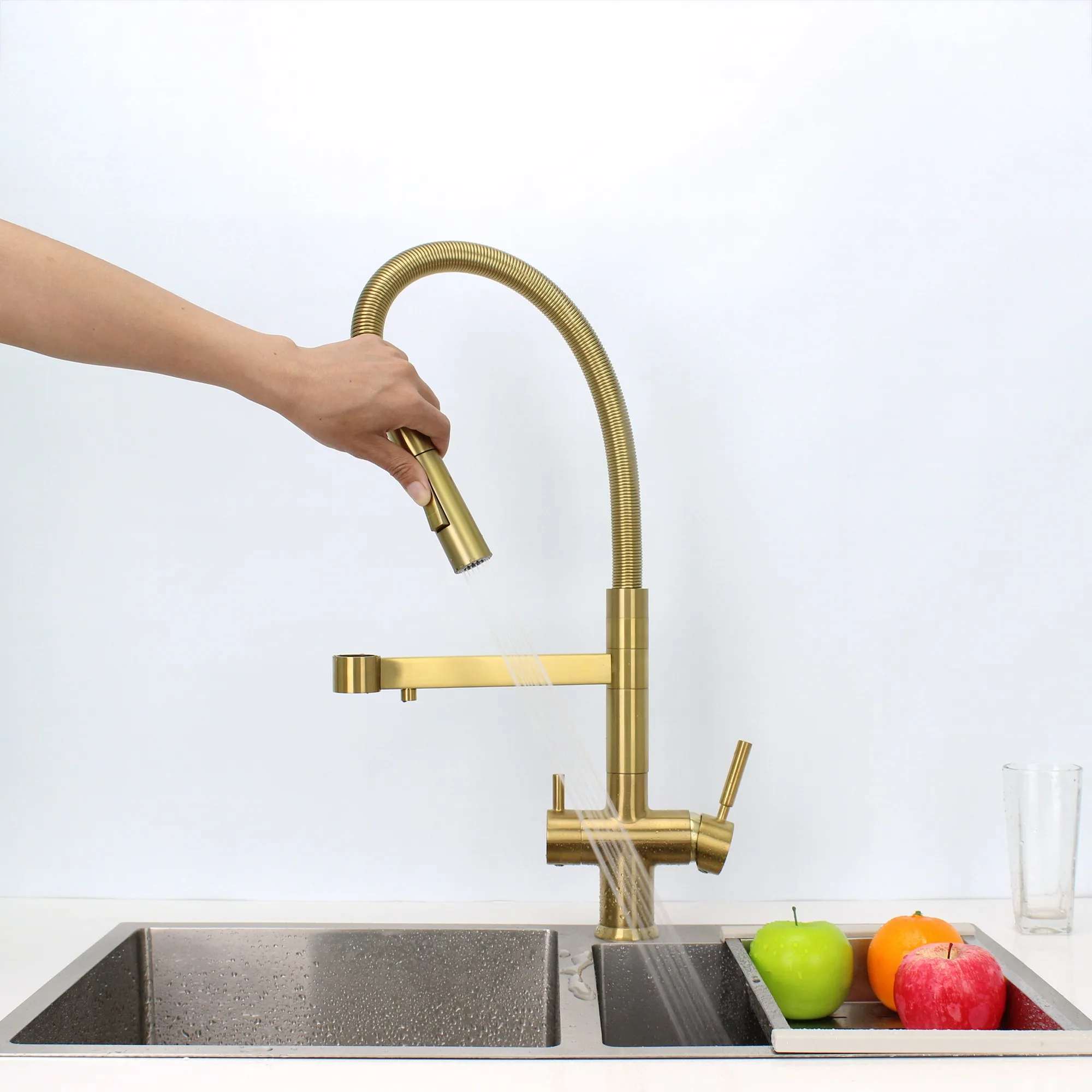 DOGO NEW Design Satin Golden  Soda Filter Chiller Water 5 Way Mixer Water Tap  AISI 304 SS Kitchen Pull Out 5 Way RO Tap