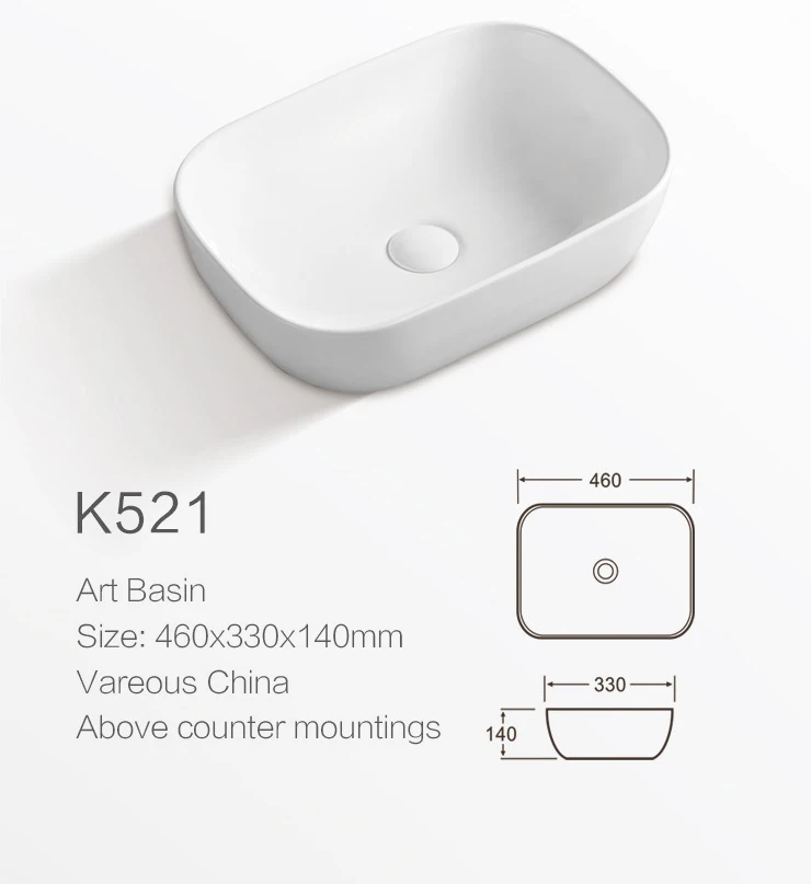 Commercial High Quality Ceramic Table Top Hand Wash Basin Sink Rectangle Bathroom Washbasin