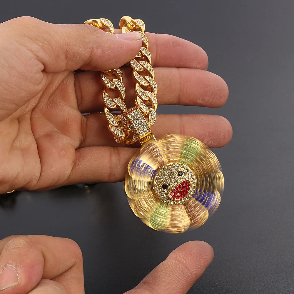 Hip Hop Ice Out Cuban Link Necklace Rotating Colorful Diamonds Sun Flower