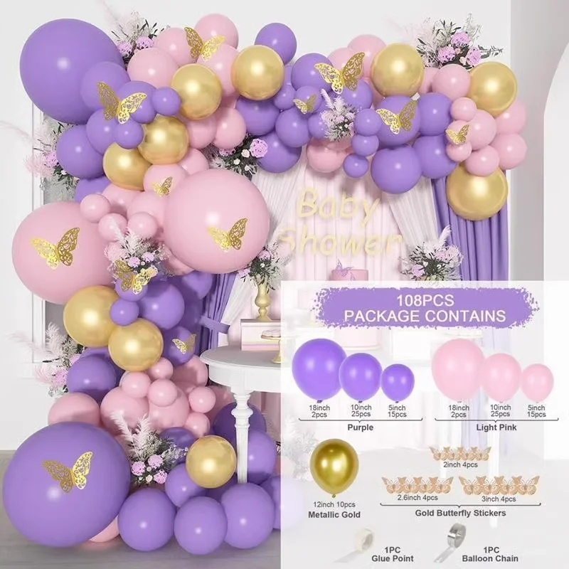J-004 Rose and Pink latex Balloon Garland Arch Kit with Rose Gold Butterfly Stickers Wall Decor for Wedding