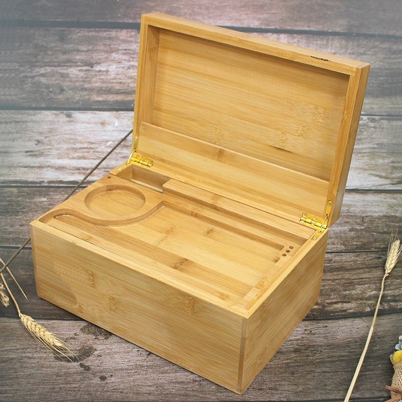 Bamboo custom logo portable natural wood stash box with tray