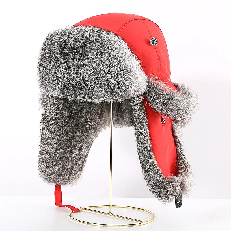Real Rabbit Fur Winter Padded Earflaps Winter Trooper Hat Waterproof Hunter Hat Cycling Outdoor Ski Warm Winter Aviator Hats