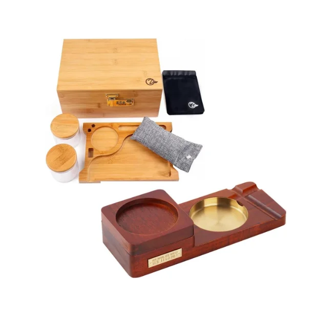 OZCHIN Large Bamboo Box with Combination Lock Decorative Box and Wooden Cigar Ashtray with Whiskey Glass Tray