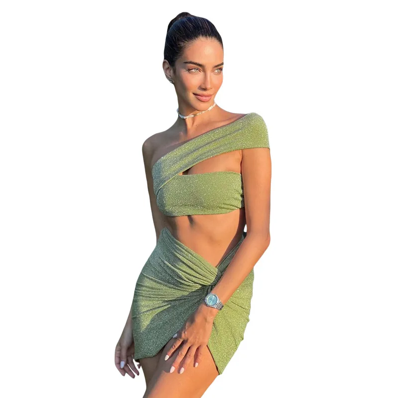 Green dropshipping Summer swimwear beachwear 2023 famous beach sarong wholesale women metallic skirts tube top 2 pieces set sexy